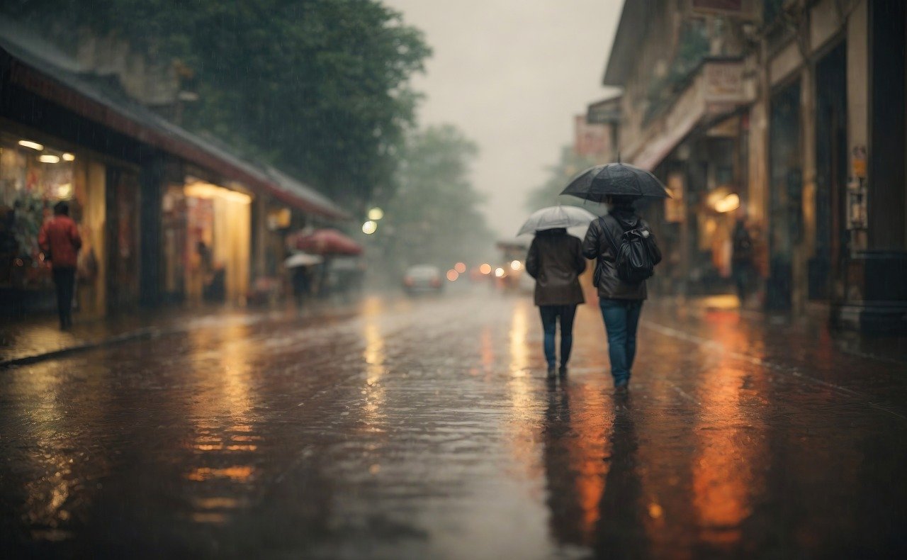 This is a photo of two people walking in the rain using umbrellas